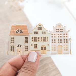 Sticker imperméable transparent - Maisons confortables. Réutilisable et remplaçable. Parfait pour les bouteilles, les journaux, les téléphones et les ordinateurs portables, design LETTOon