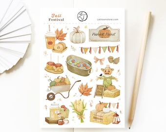Sticker Sheet - Fall Festival | Hand-Drawn No AI Art, Matte Autumn Stickers, Pumpkins, Scarecrow and Candy Apples
