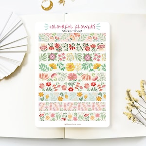 Hoja de pegatinas hecha a mano: flores de colores / pegatinas para diario, pegatinas para planificador, pegatinas para álbumes de recortes, papelería