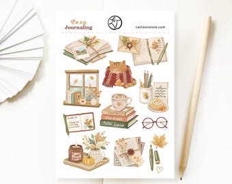 Sticker Sheet - Cozy Journaling | Hand-Drawn No AI Art, Book Stickers, Waterproof Fall Stickers, Letters, Coffee and Cat