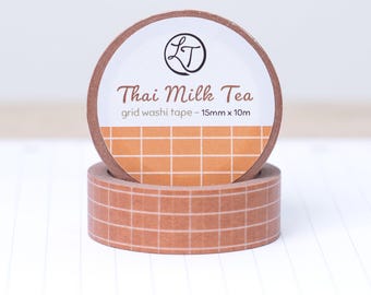 Orange Grid Washi Tape, Thai Milk Tea, 15mm x 10m