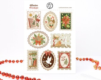 May include: A sticker sheet titled Winter Stamps featuring eight festive illustrations including a book, a mug with a gingerbread man, a poinsettia, pine cones, a rabbit with a dove, a bookshelf, a dove, and a tree with the text Merry and Bright.
