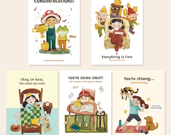 Watercolor Postcards – Pick 1, Set of 3 or 5 – Handmade A6 Cards with Humor & Encouragement – Mental Health Gift – Lettoon