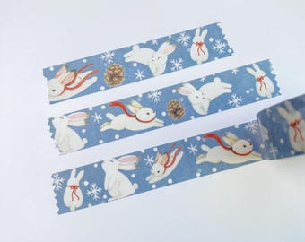 Washi Tape - Snow Bunnies | Hand-Drawn No AI Art, Bunny Washi Tape, Blue Winter Rabbits, 15mm x 10m
