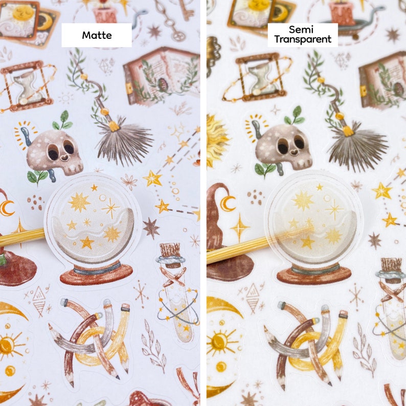 May include: Two images of a sticker sheet with a whimsical, magical theme. The left image shows the stickers in a matte finish, while the right image shows the stickers in a semi-transparent finish. The stickers feature a variety of illustrations, including a skull, a crystal ball, a potion bottle, pencils, and stars.