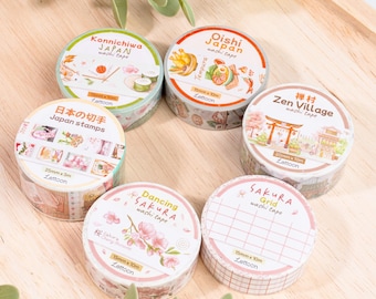 6 nastri washi giapponesi / Sakura, francobolli giapponesi, cibo e case giapponesi, nastro washi a griglia, cultura giapponese, creato da LETTOOn