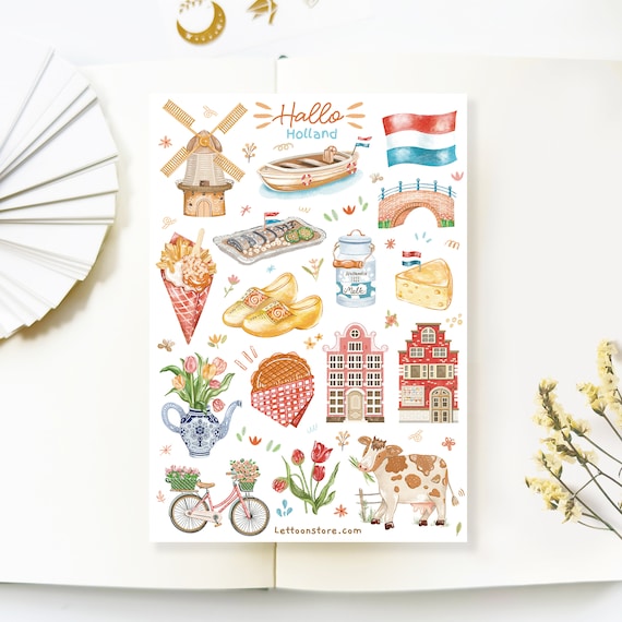 Handmade Sticker Sheet - Holland | Journal Stickers, Planner Stickers, Scrapbook Stickers, Penpal Stickers, Bujo Stickers, Holland Stickers