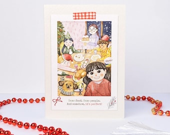 May include: A greeting card featuring a watercolor illustration of a group of people and a dog at a holiday dinner table. The text reads, "Same food. Same people. And somehow, it's perfect!" The card is accented with a red and white gingham tape strip.