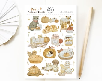 May include: A sticker sheet titled Cat and Autumn Treats featuring watercolor illustrations of cats, pumpkins, pies, jars of apple sauce and pumpkin jam, and autumn leaves. The text Lettoonstore.com is printed at the top right corner.