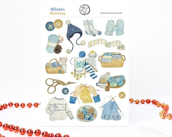 May include: A sticker sheet titled Winter Knitting featuring watercolor illustrations of blue and white yarn balls, a knit sweater, a beanie, mittens, socks, scissors, a basket, a book, and hands knitting with needles on a white background.