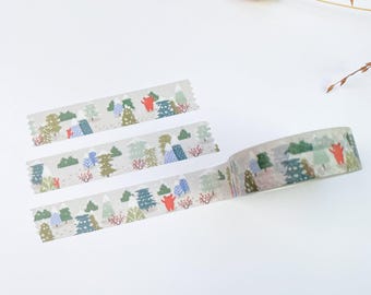 Washi Tape - A Winter Walk | Hand-Drawn No AI Art, Snowy Forest with Red Bears, 15mm x 10m
