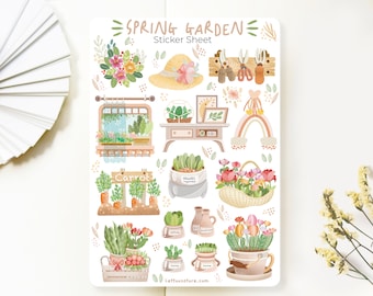 May include: A sticker sheet with a spring garden theme. It features illustrations of flowers, plants, gardening tools, and a window box with plants. The sheet is titled "Spring Garden" and includes the text "Sticker Sheet".