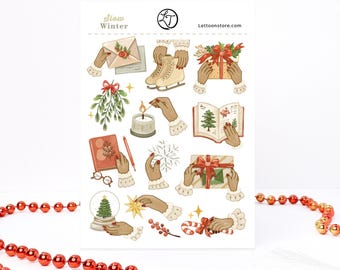Christmas Sticker Sheet - Slow Winter | Hand-Drawn No AI Art, 13 Matte Journal Stickers, Candles and Letters