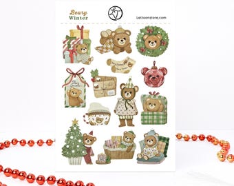 May include: A sticker sheet titled Beary Winter featuring watercolor illustrations of teddy bears in various holiday scenes, including gifts, a Christmas tree, a wreath, a stocking, envelopes, a mug, and ornaments with festive patterns.