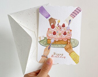 May include: A scalloped-edge greeting card featuring a watercolor illustration of a pink frosted cake topped with strawberries and a single candle. Multiple hands reach toward the cake with forks. The text Happy Birthday is written in brown.