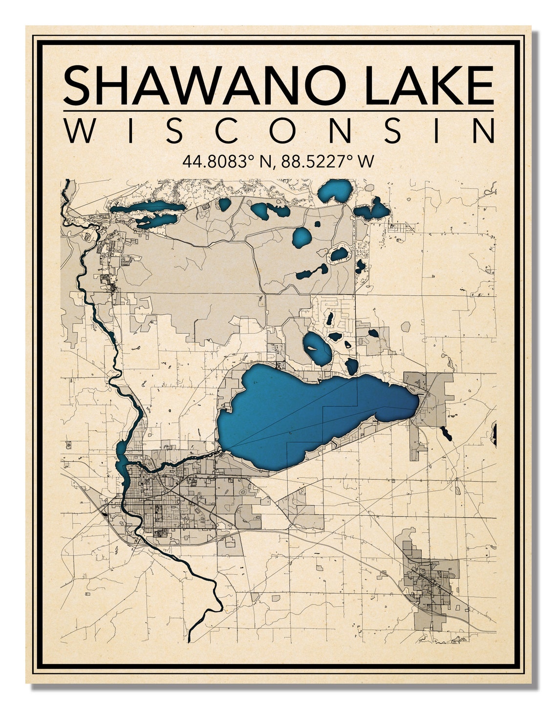 Wall Art Map Print of Shawano Lake Wisconsin Etsy