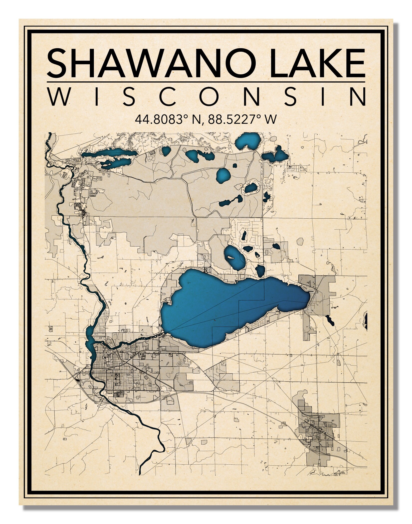 Wall Art Map Print of Shawano Lake Wisconsin Etsy