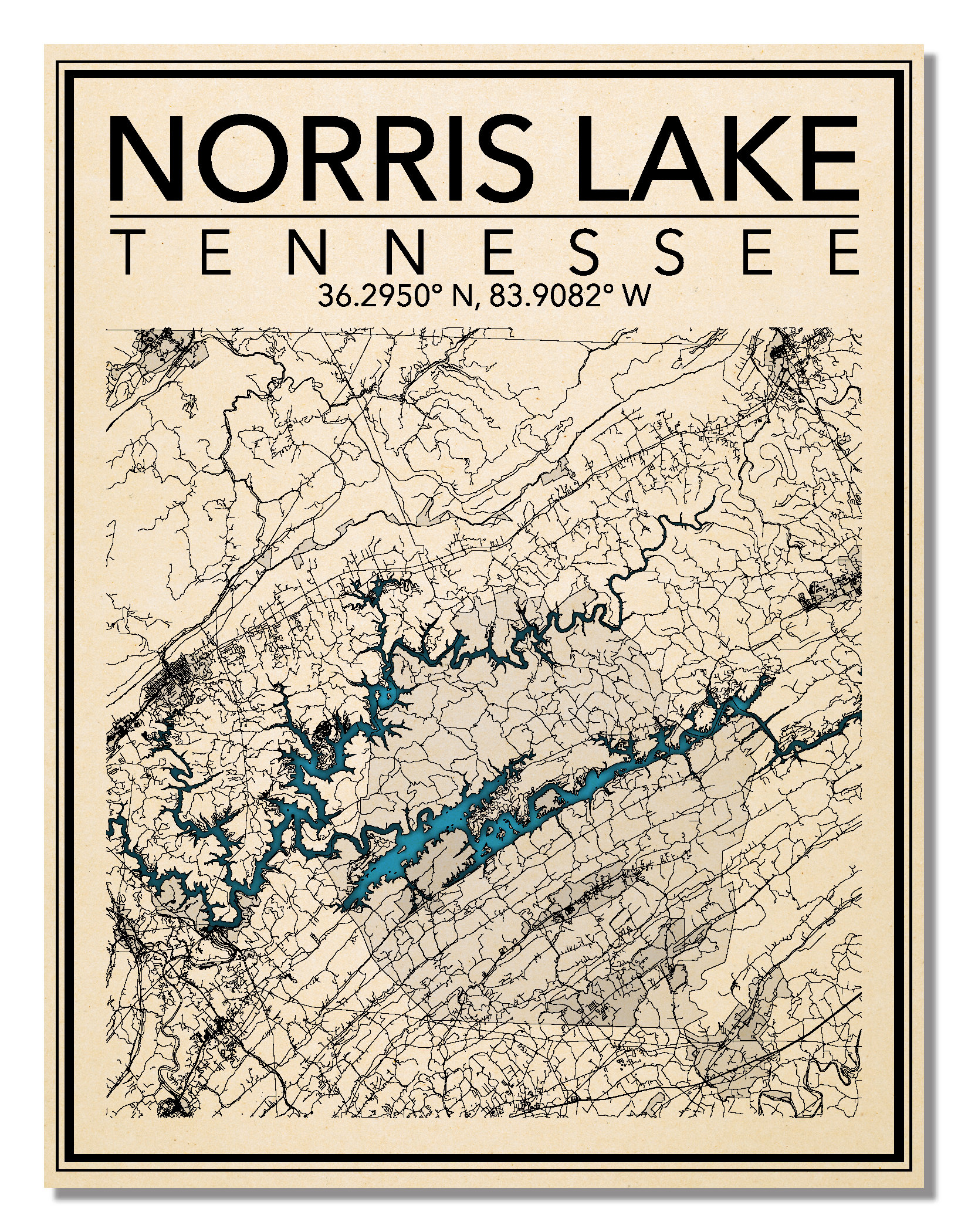 Wall Art Map Print of Norris Lake Tennessee Etsy