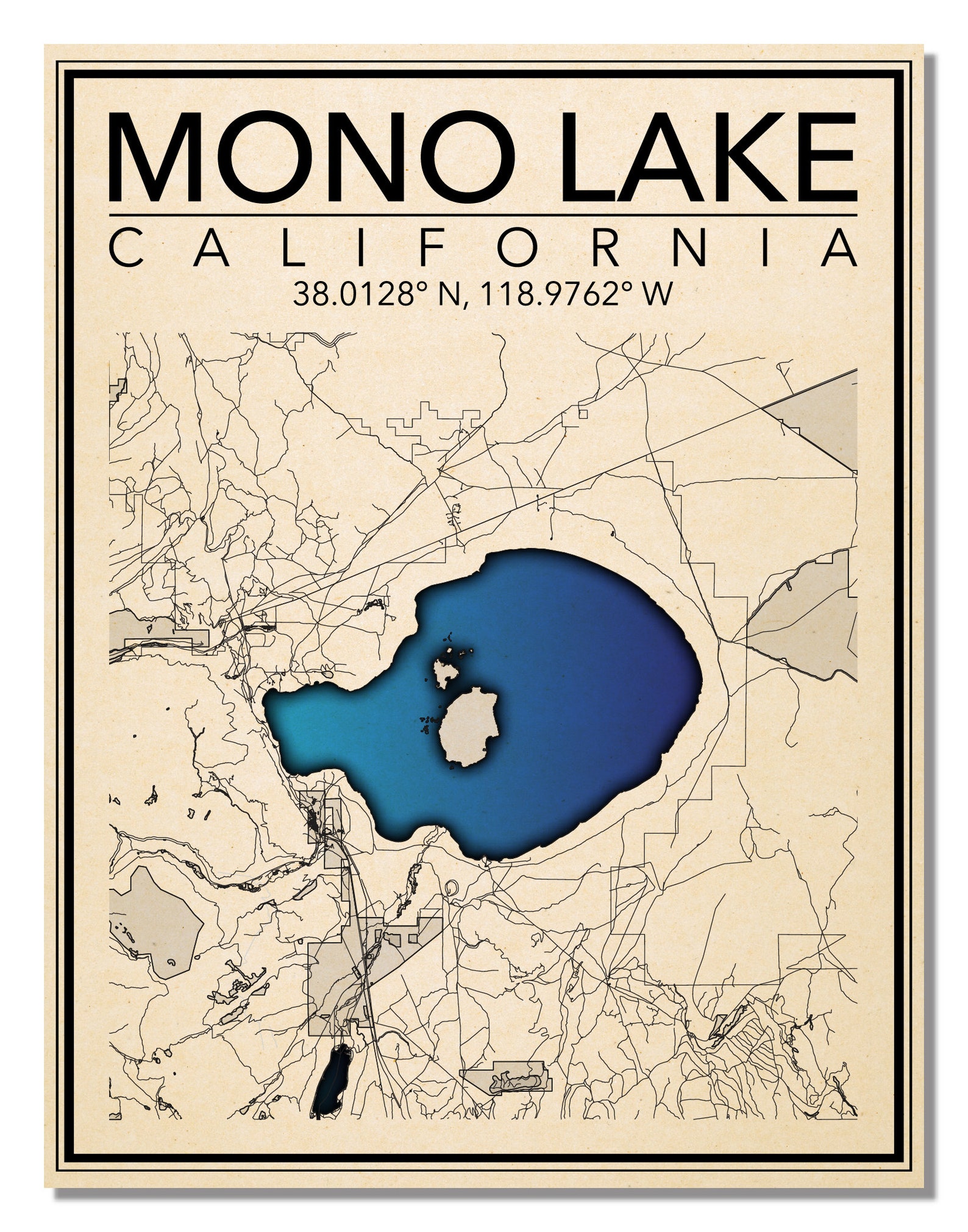 Wall Art Map Print of Mono Lake California Etsy