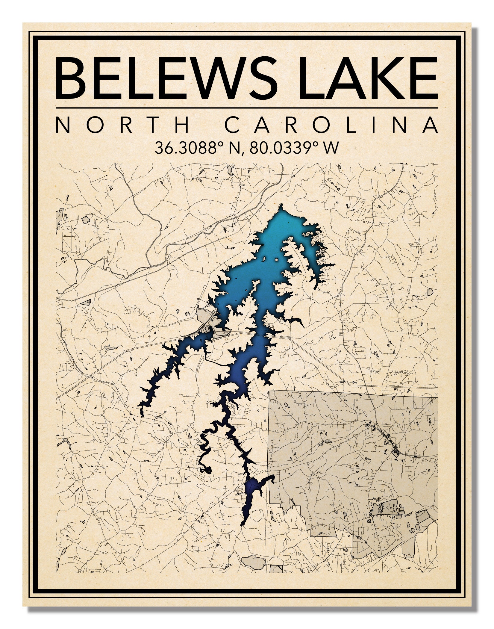 Wall Art Map Print of Belews Lake in North Carolina Etsy