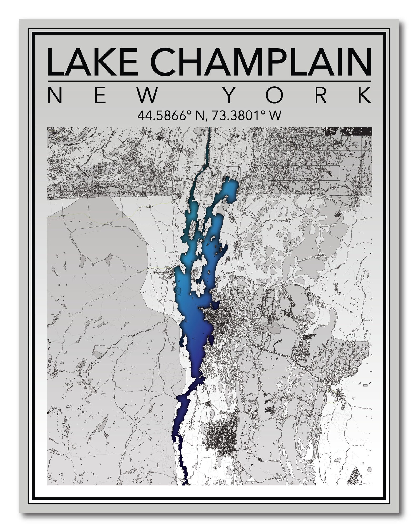 Wall Art Map Print of Lake Champlain New York Etsy