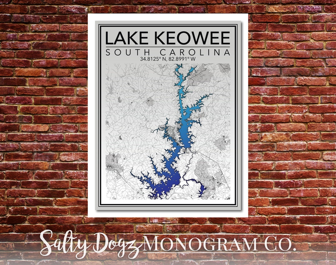 Wall Art Map Print of Lake Keowee, South Carolina Etsy