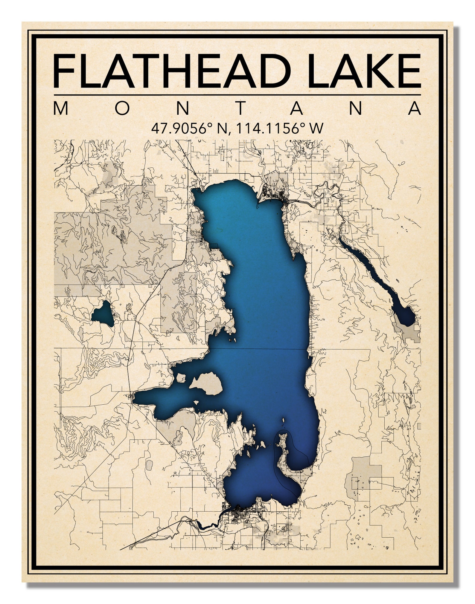 Wall Art Map Print of Flathead Lake Montana Etsy