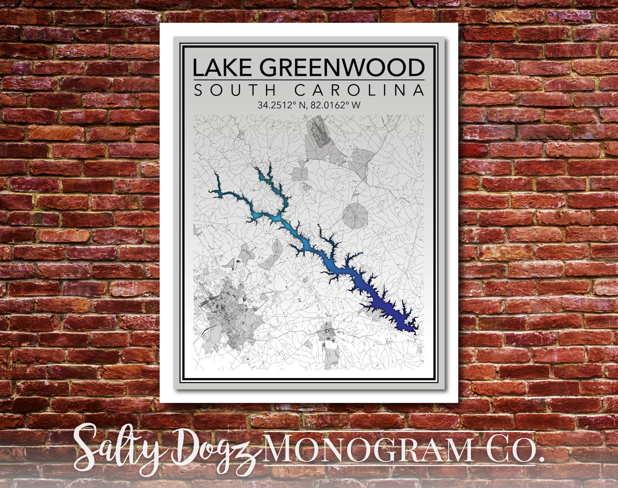 Wall Art Map Print of Lake Greenwood South Carolina Etsy