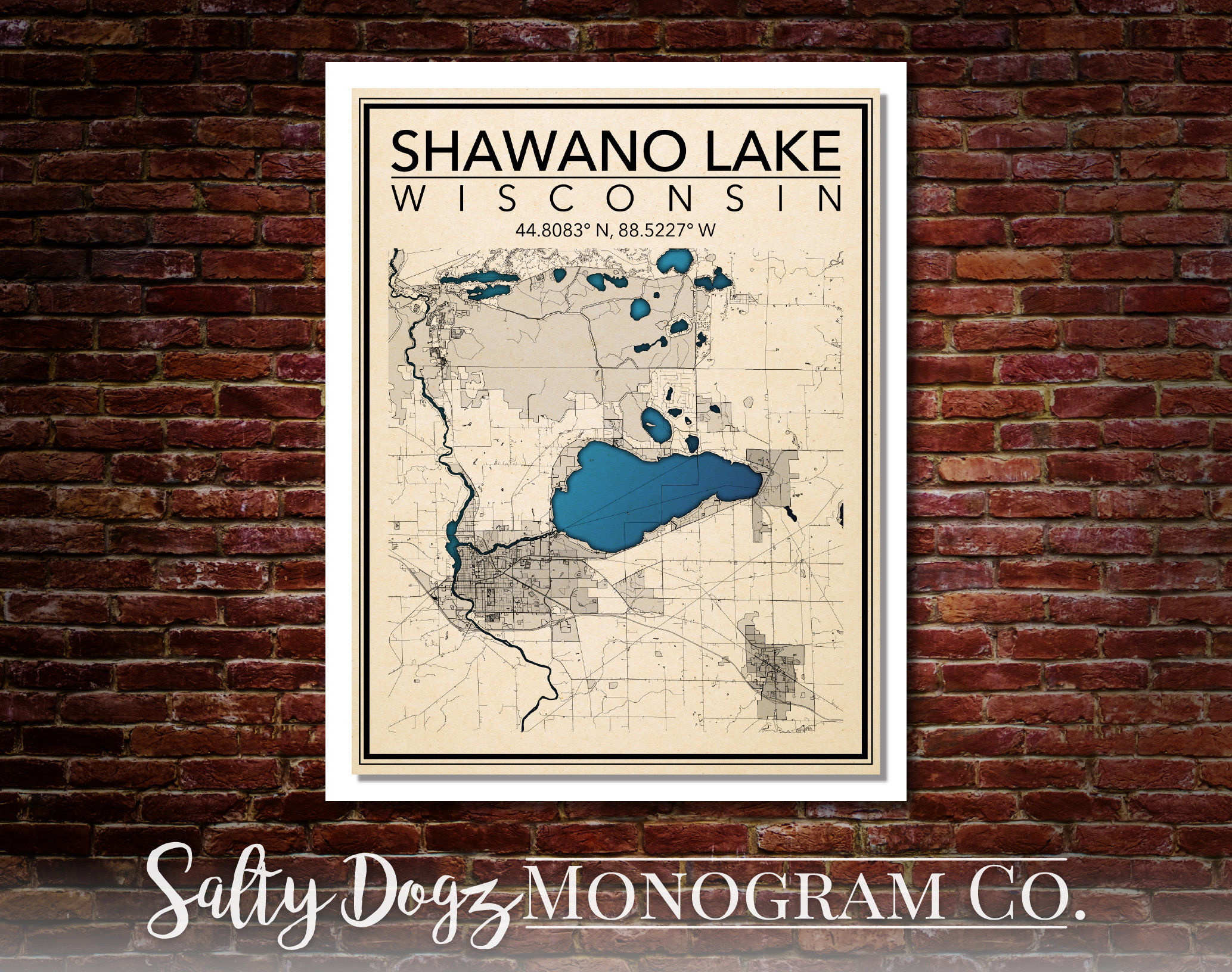 Wall Art Map Print of Shawano Lake Wisconsin Etsy