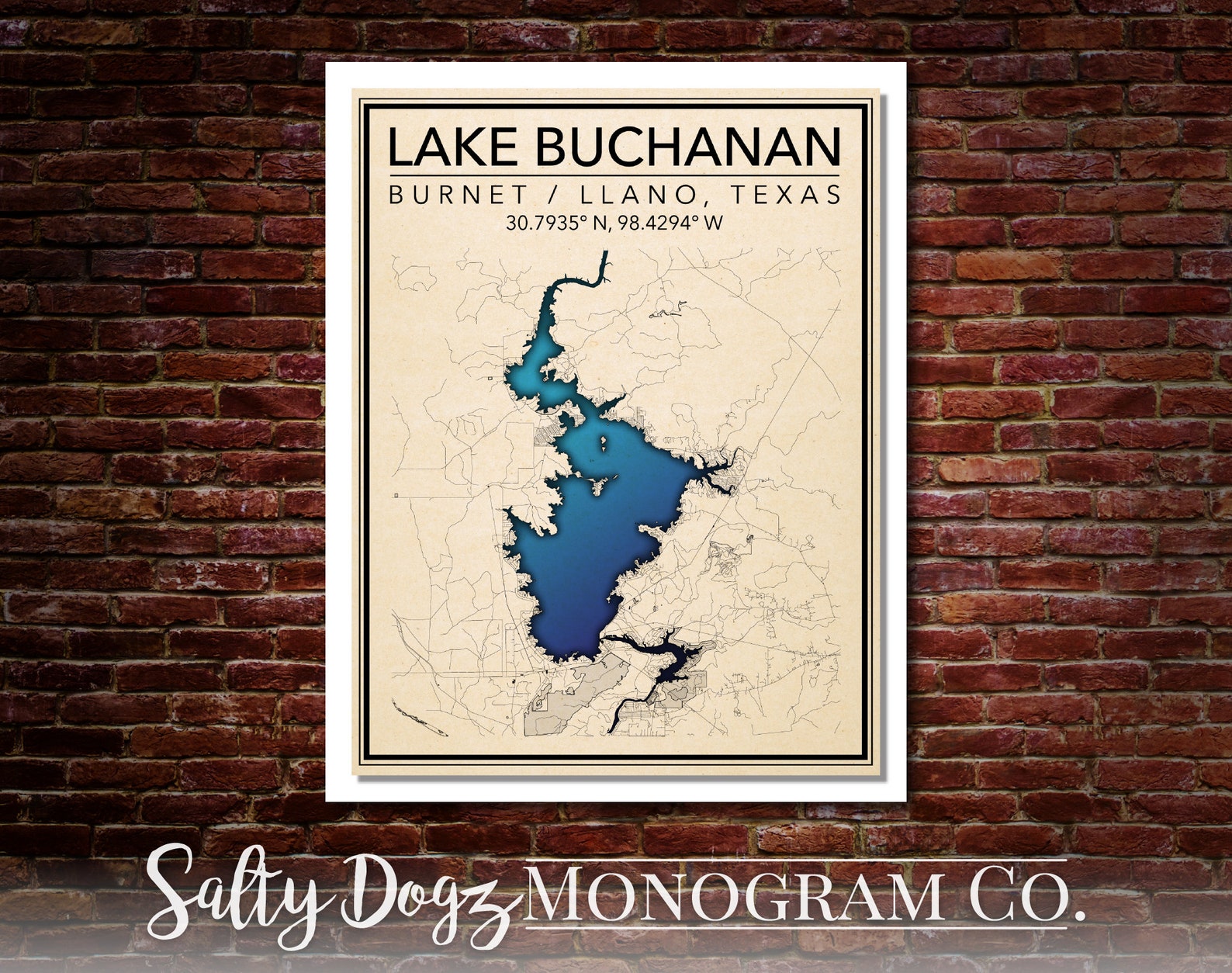 Wall Art Map Print of Lake Buchanan County Texas Etsy