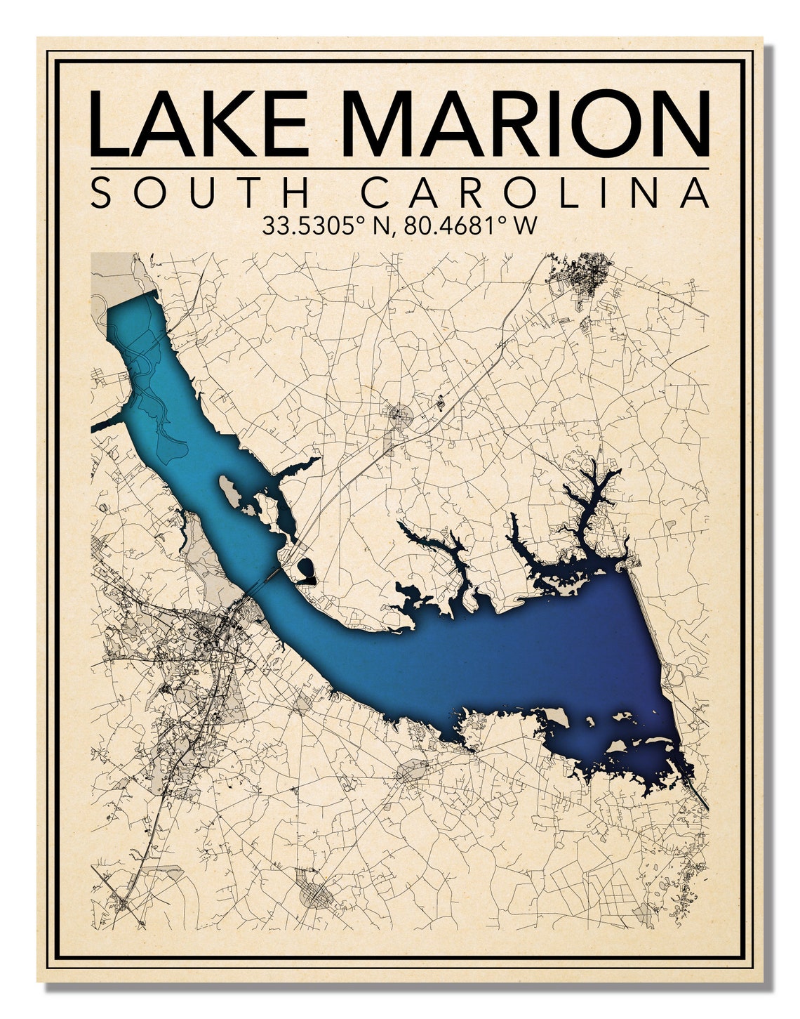 Wall Art Map Print of Lake Marion South Carolina Etsy