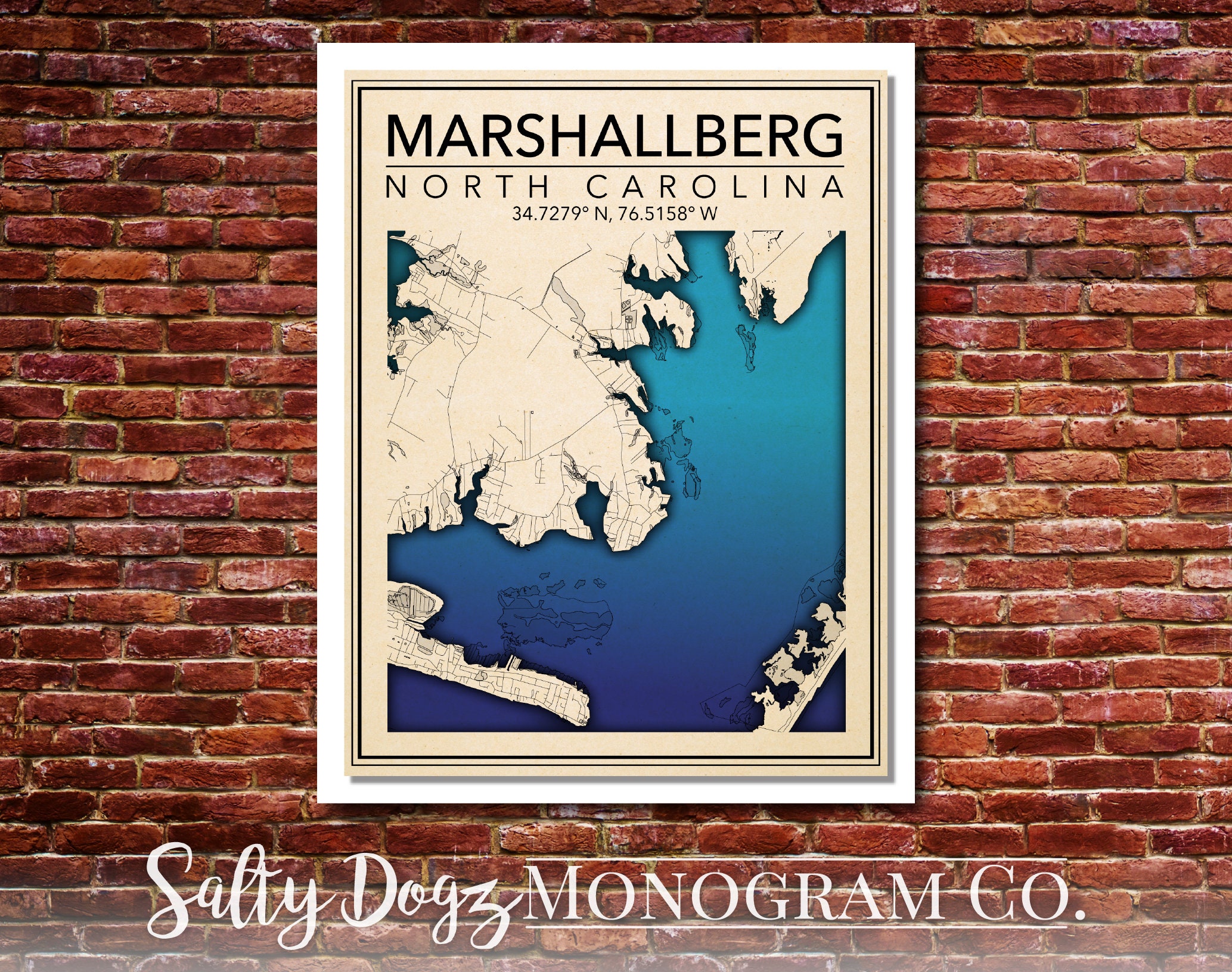 Wall Art Map Print of Marshallberg North Carolina Etsy