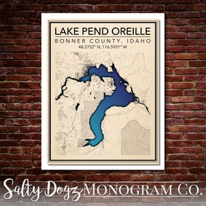 Wall Art Map Print of Lake Pend Oreille, Bonner County, Idaho!