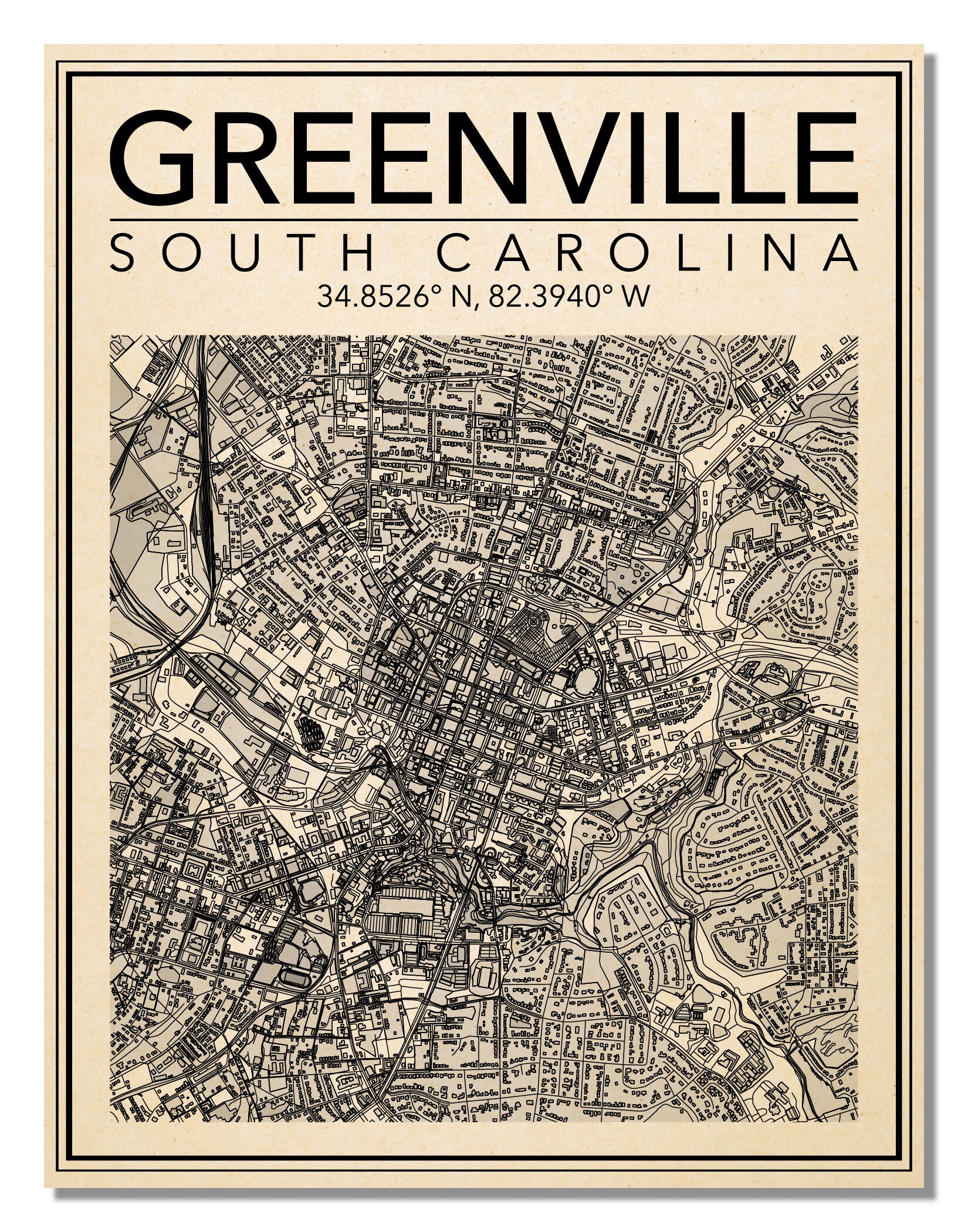Wall Art Map Print of Greenville South Carolina Etsy