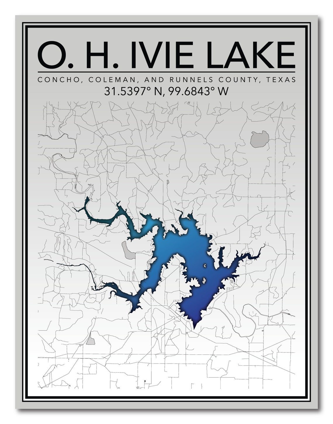 Wall Art Map Print of O. H. Ivie Lake Concho County Texas Etsy