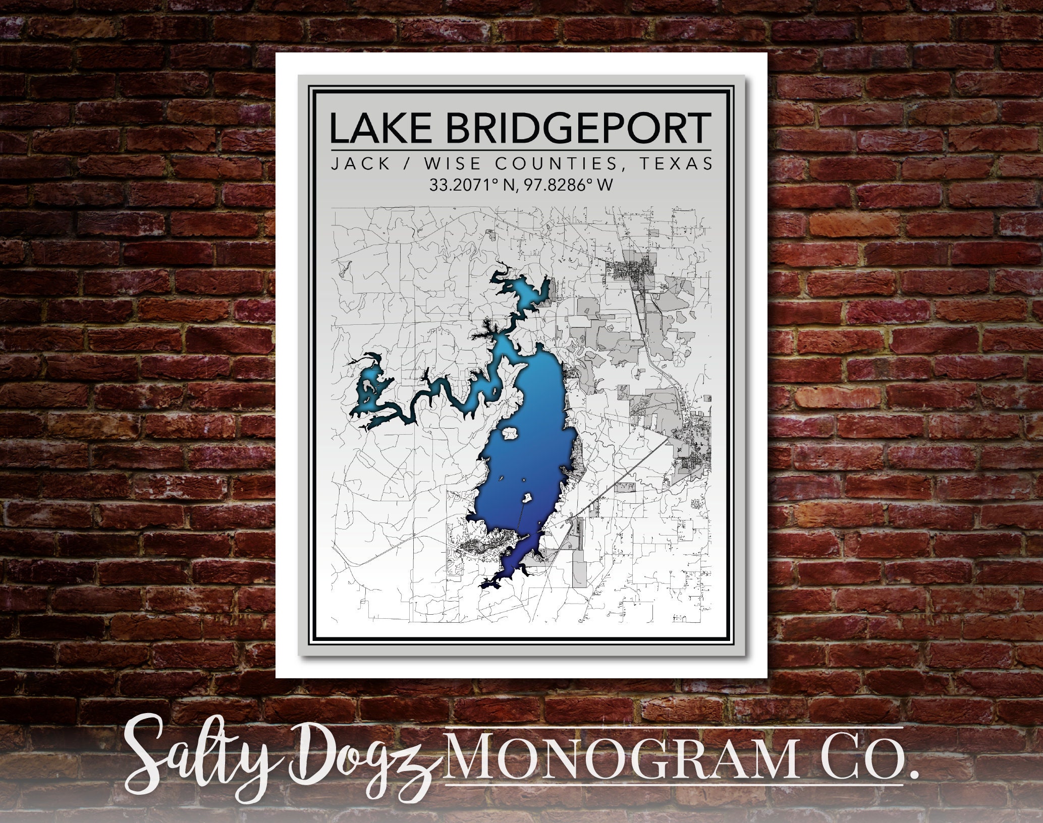 Wall Art Map Print of Lake Bridgeport Wise County Texas Etsy