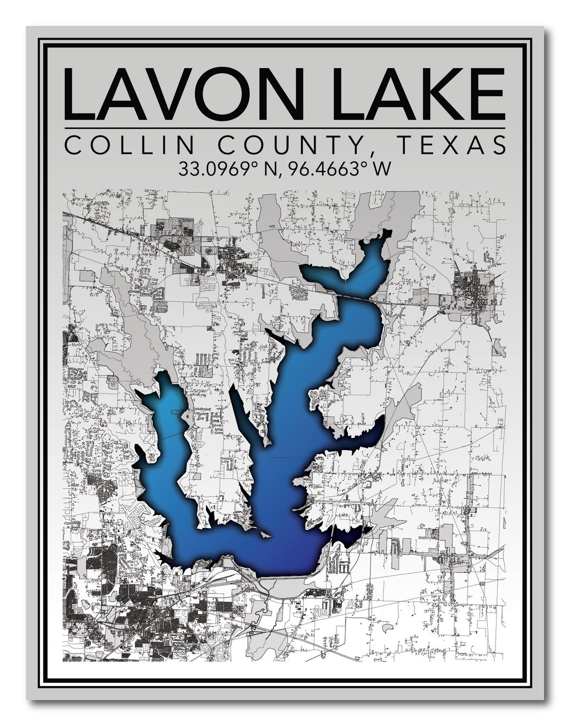 Wall Art Map Print of Lavon Lake Wylie Collin County Texas Etsy