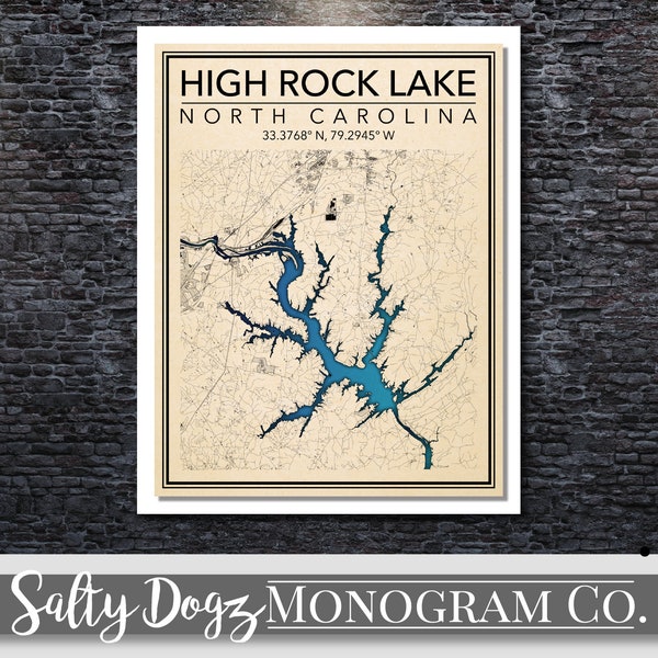 Wall Art Map Print of High Rock Lake, North Carolina!!!