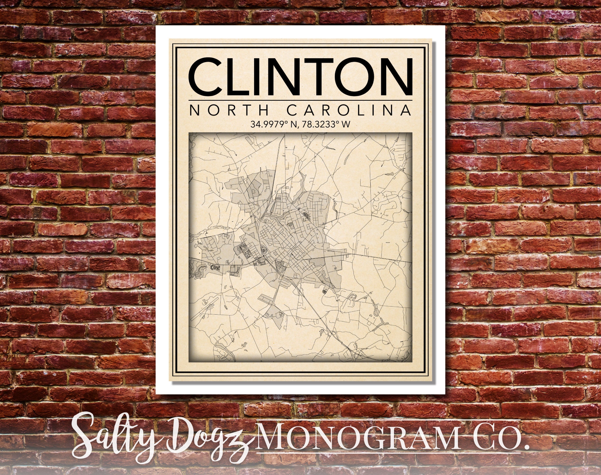 Wall Art Map Print of Clinton North Carolina Etsy
