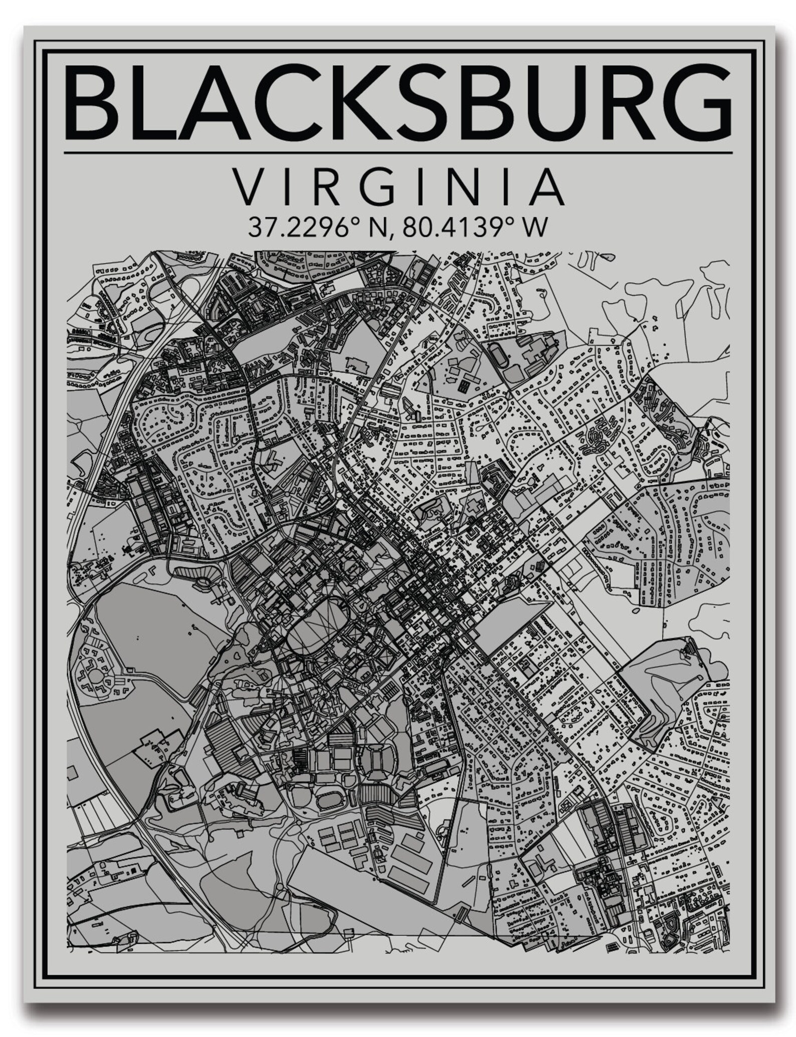 Wall Art Map Print Blacksburg Virginia Etsy