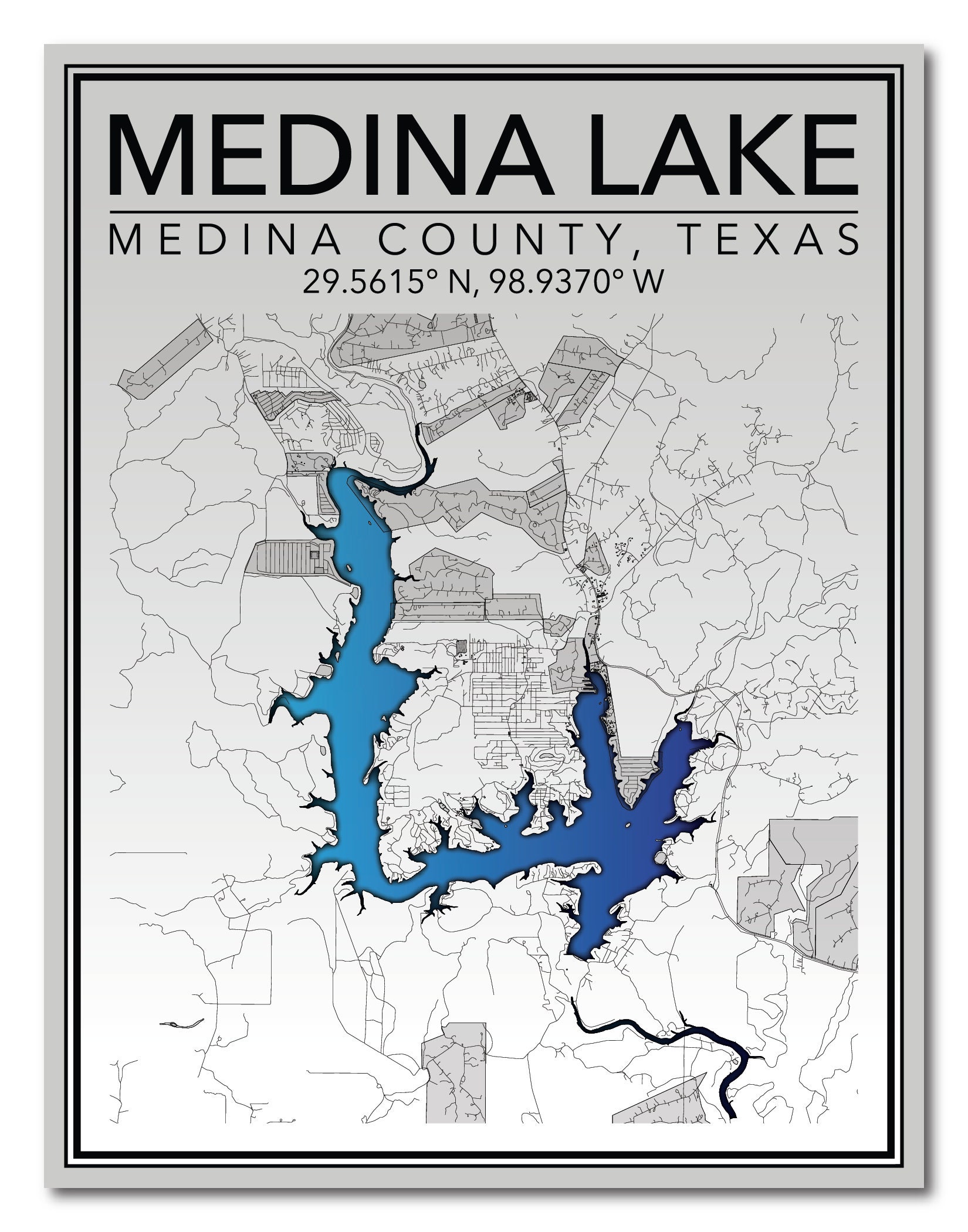 Wall Art Map Print of Medina Lake Lakehills Bandera County Etsy