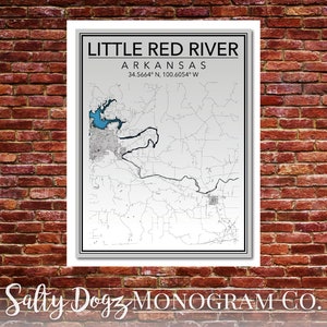 May include: A black and white map of Little Red River, Arkansas with the coordinates 34.5664° N, 100.6054° W. The map is framed in a white frame with a gray border. The text "Salty Dogz MONOGRAM CO." is at the bottom of the image.