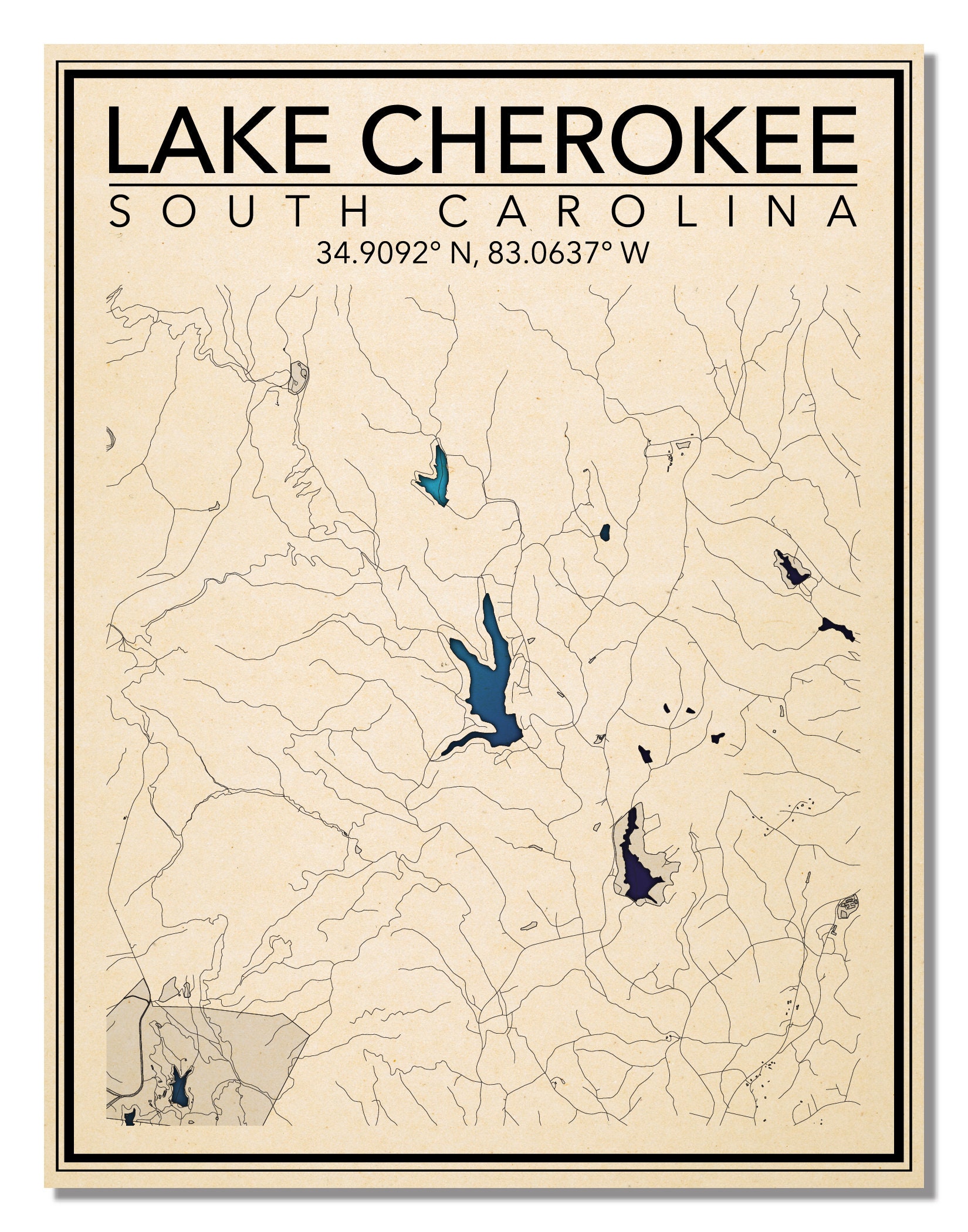 Wall Art Map Print of Lake Cherokee South Carolina Etsy