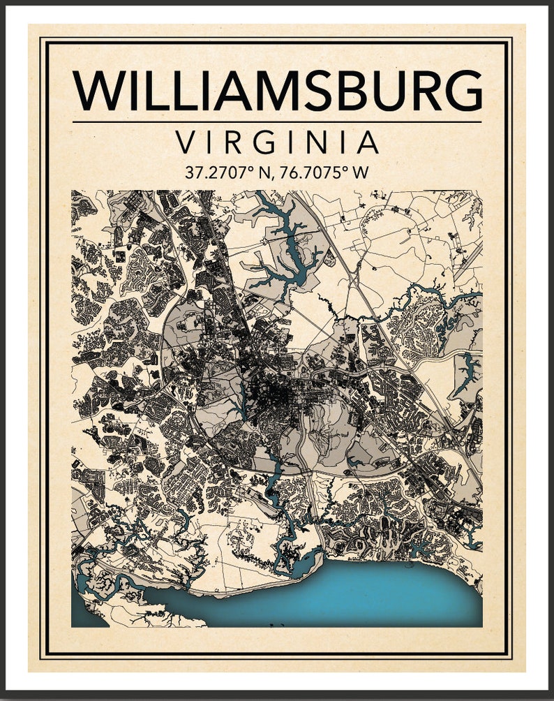 Wall Art Map Print Williamsburg Virginia Etsy