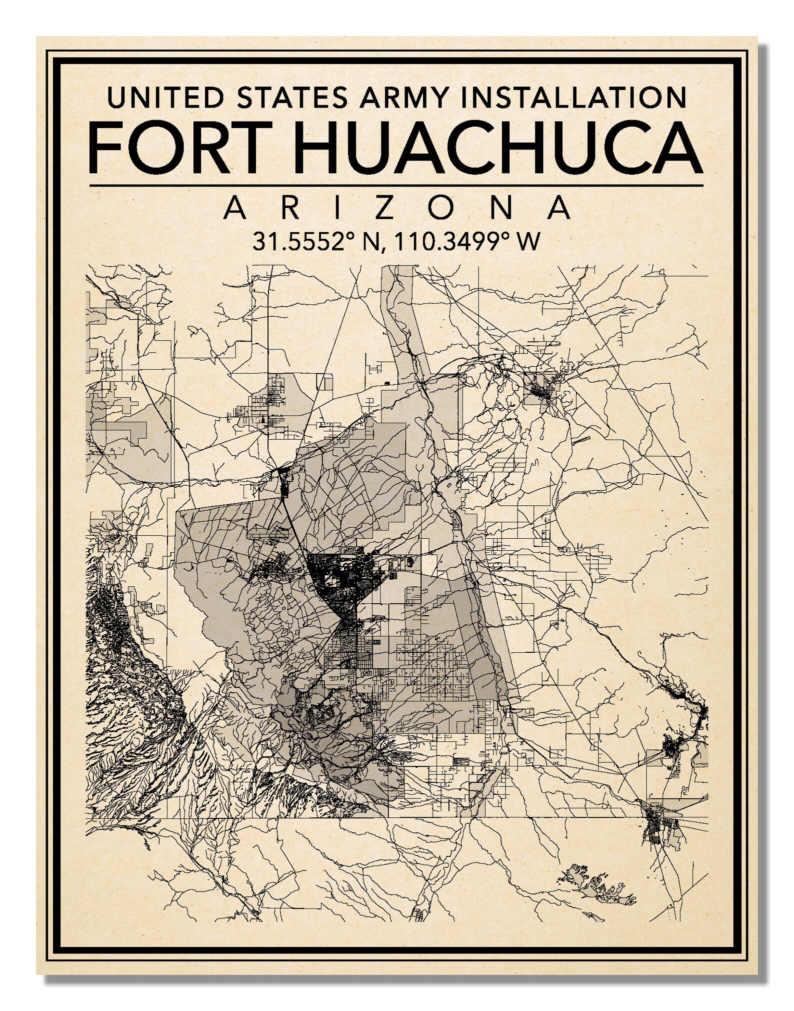 Wall Art Map Print of Army Base Fort Huachuca Arizona Etsy