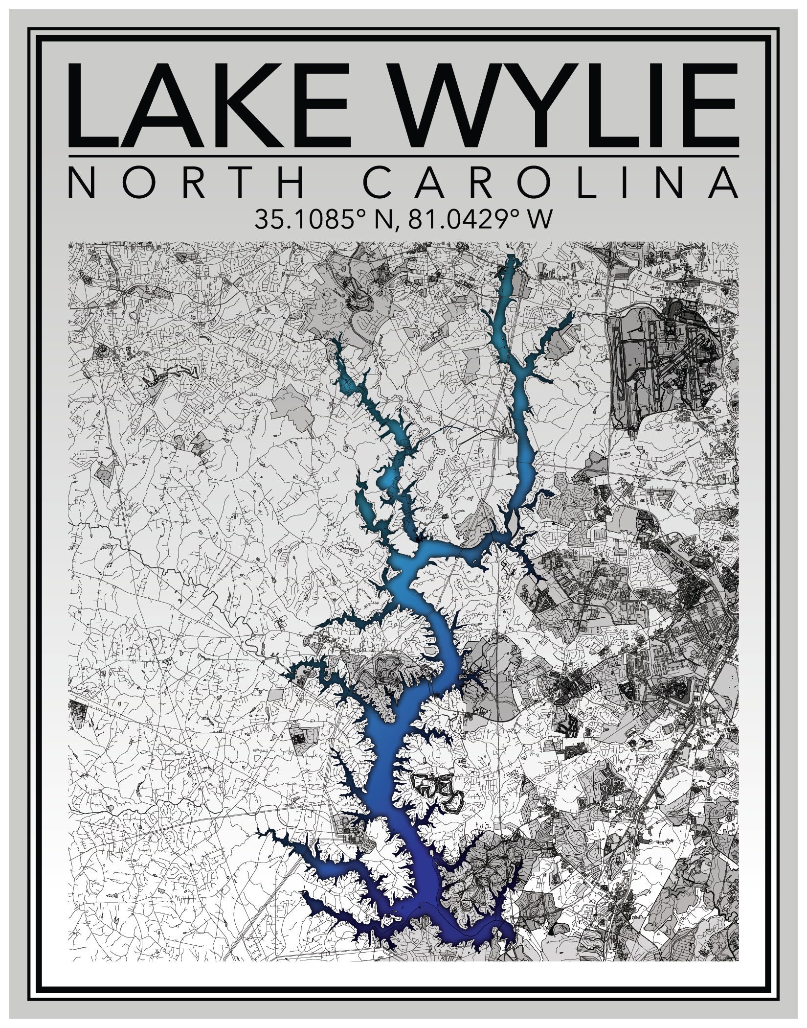 Wall Art Map Print of Lake Wylie North Carolina Etsy