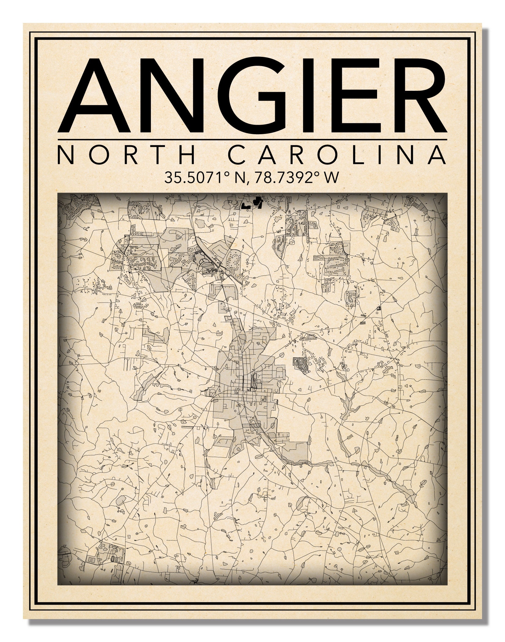 Wall Art Map Print of Angier NC Etsy