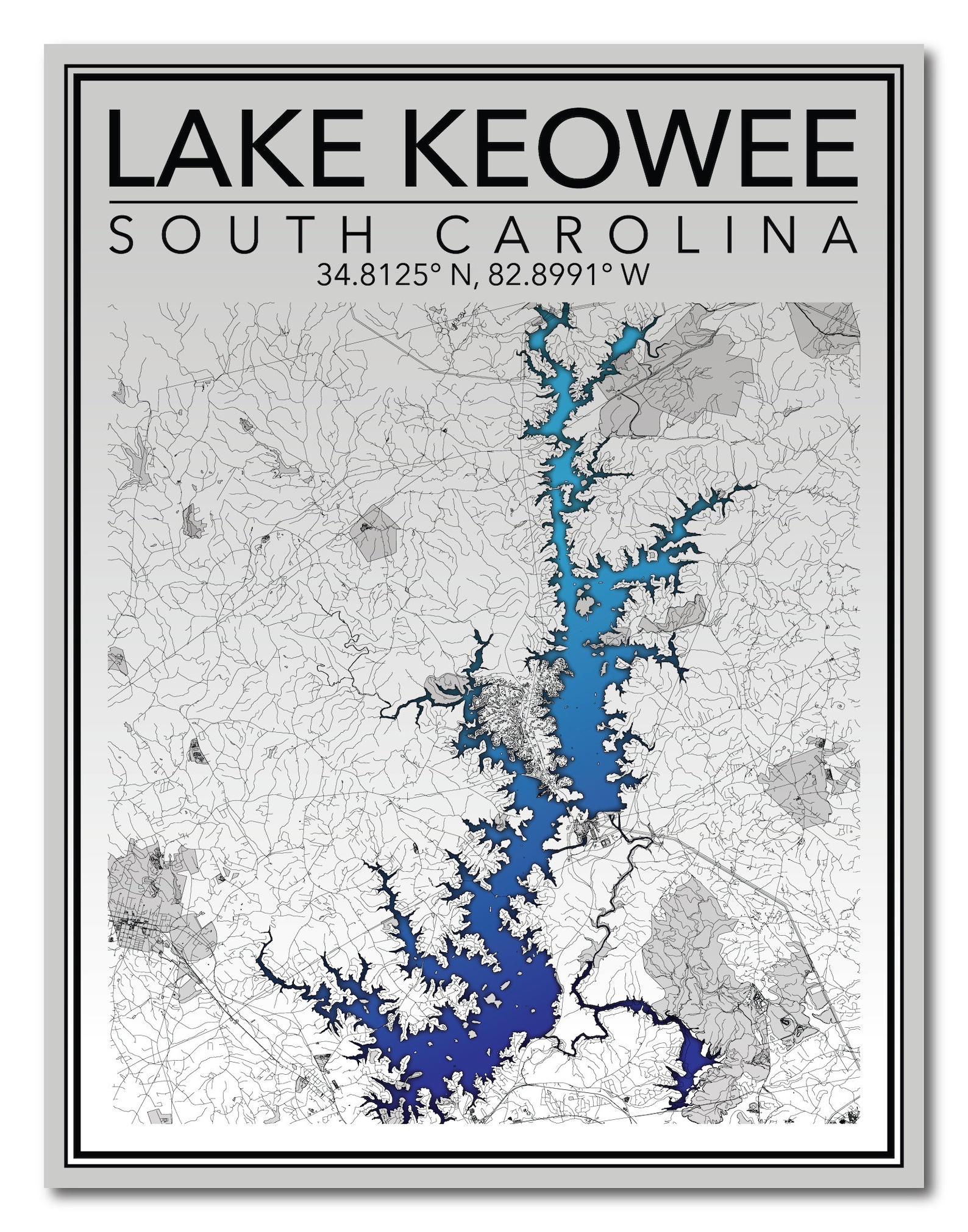 Wall Art Map Print of Lake Keowee South Carolina Etsy