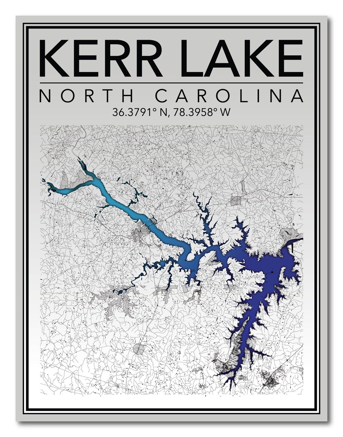 Wall Art Map Print of Kerr Lake North Carolina Etsy