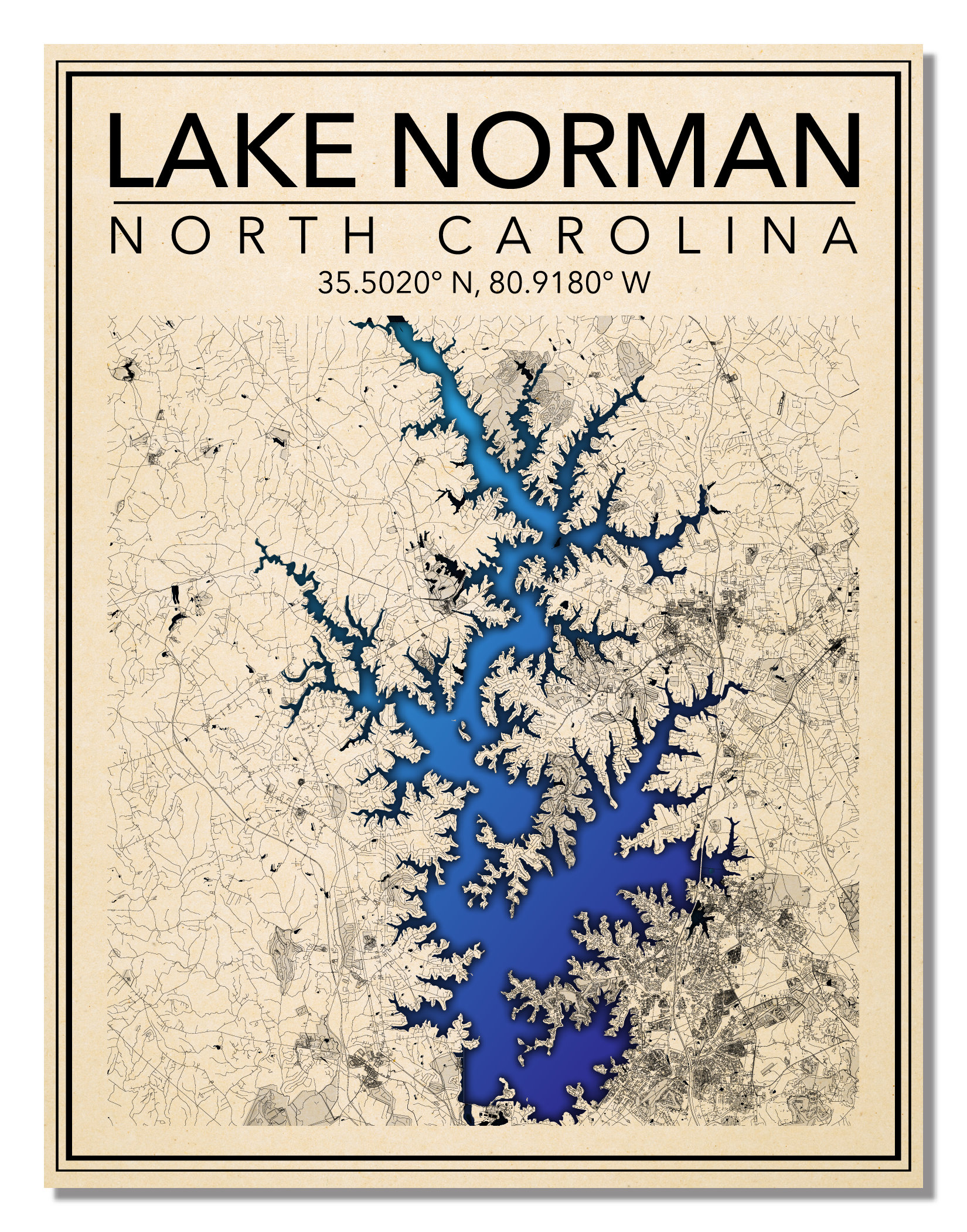 Wall Art Map Print of Lake Norman North Carolina | Etsy